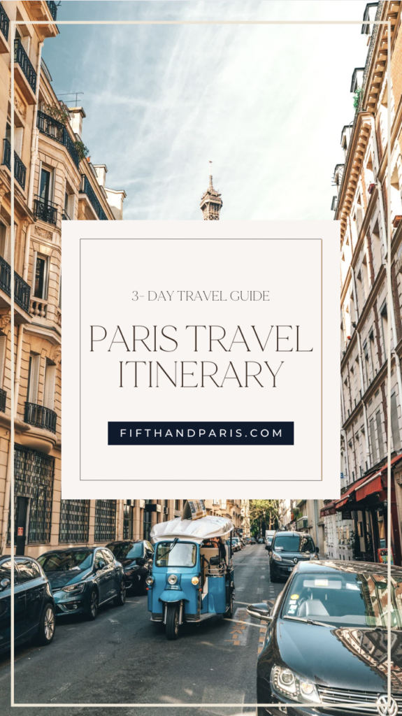 Paris Travel Itinerary cover with a charming Parisian street view and the Eiffel Tower — one of the Fifth & Paris signature style guides.